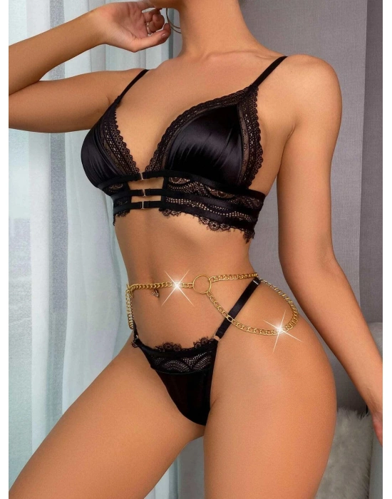 Bicomi Siyah Zincir Detaylı Fantezi Sütyen Takımı