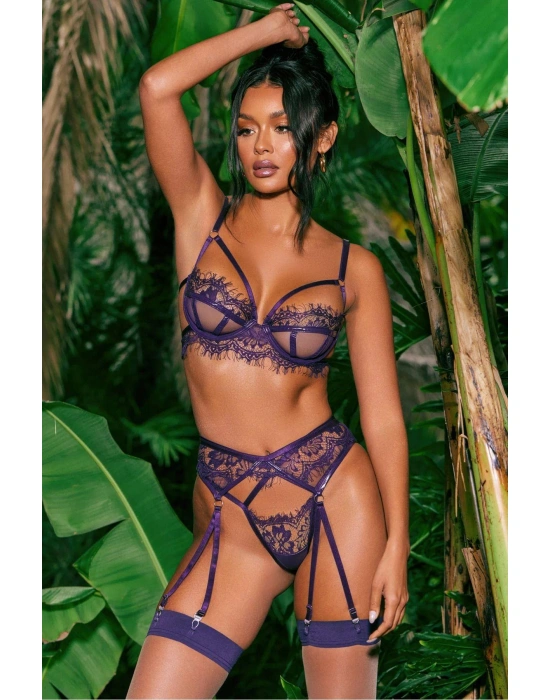 Bicomi Transparan Britli Dantel Mor Jartiyer Takım