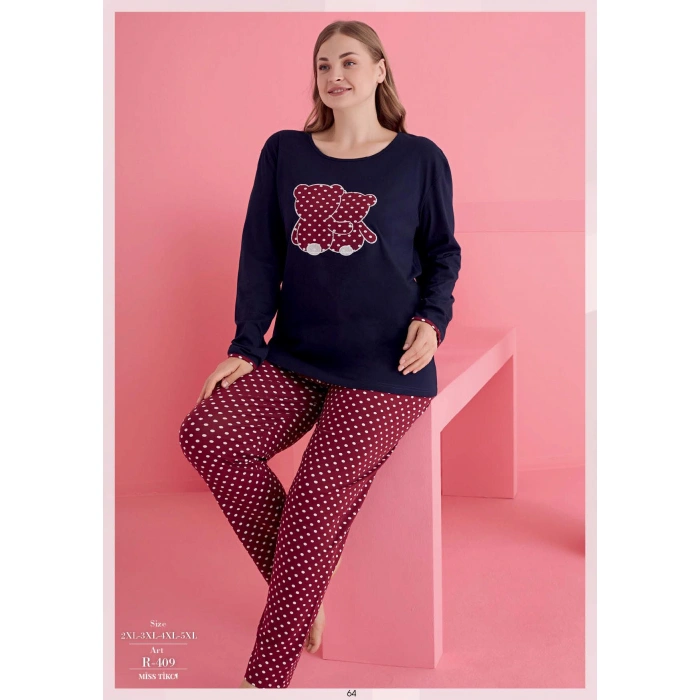 Bicomi Büyük Beden Pamuklu Ayıcık Desenli Pijama Takımı