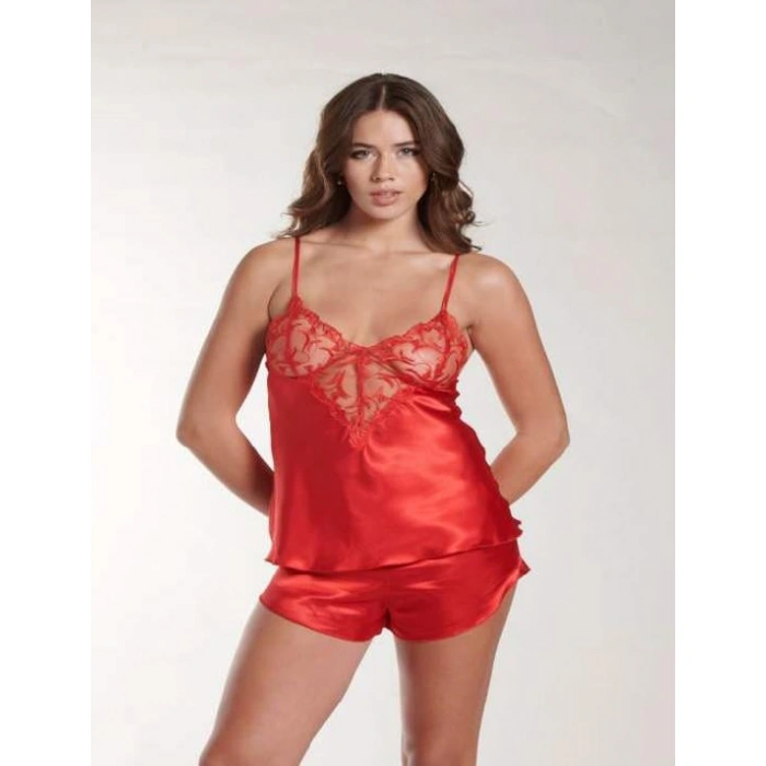 Bicomi Kırmızı Dantel Detaylı İnce Askılı Saten Şortlu Takım