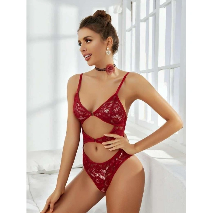 Bicomi Kırmızı Transparan Dantelli Fantezi Babydoll