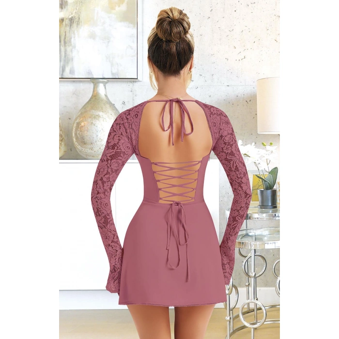 Bicomi Özel Tasarım Dantel İşlemeli Şık Uzun Bolerolu Fuşya Fantezi Mini Club Elbisesi