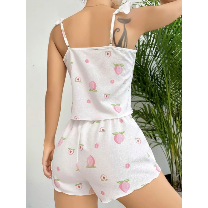Bicomi Pamuklu Beyaz Üstüne Çiçek Desen Fırfır Askılı Şortlu Pijama Takımı