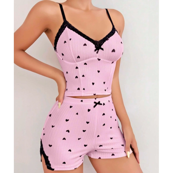 Bicomi Pembe Kalp Desenli Askılı Şortlu Pijama Takım