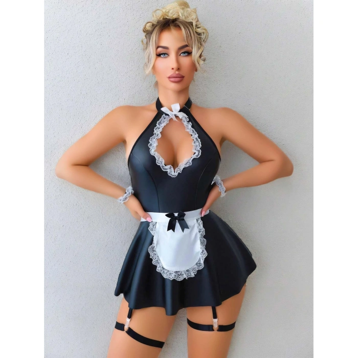 Bicomi Siyah Göğüs Dekolteli Boyundan Bağlamalı Mini Etekli Fantezi Deri Hizmetçi Kostümü