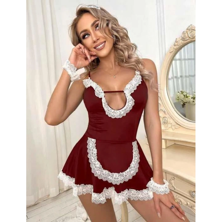 Bicomi Bordo Beyaz Aksesuarlı Dantelli Fantezi Hizmetçi Kostümü