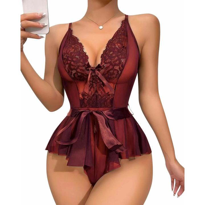 Bicomi Bordo Dantel İşlemeli Kurdelalı Fantezi Tül Babydoll