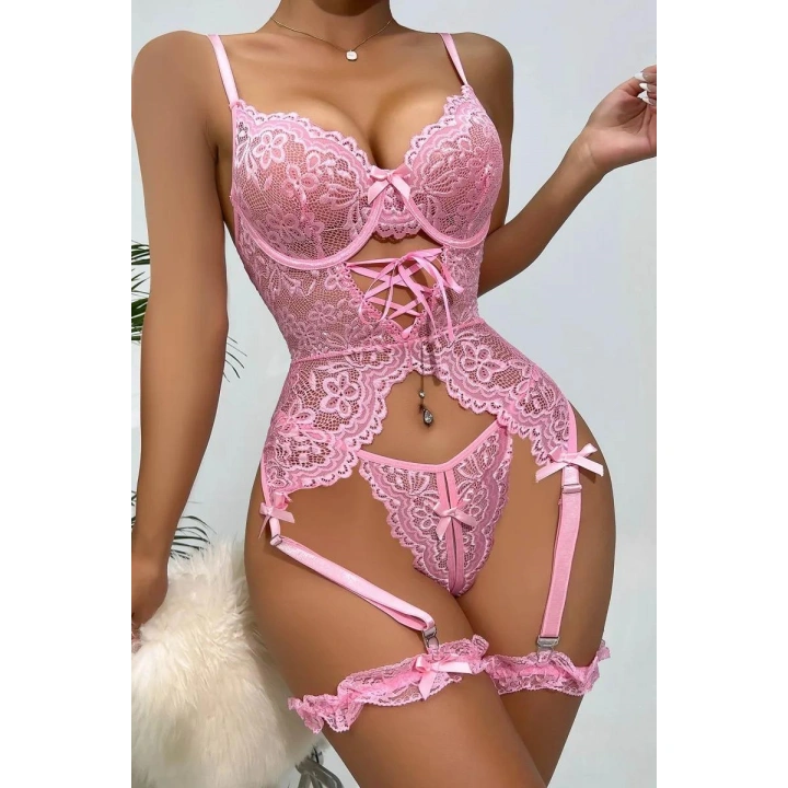 Bicomi Özel Tasarım Dantelli Fantezi Pembe Jartiyer Takımı