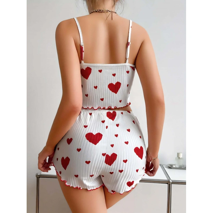 Bicomi Pamuklu Beyaz Üstüne Kırmızı Kalp Desenli Askılı Şortlu Pijama Takımı