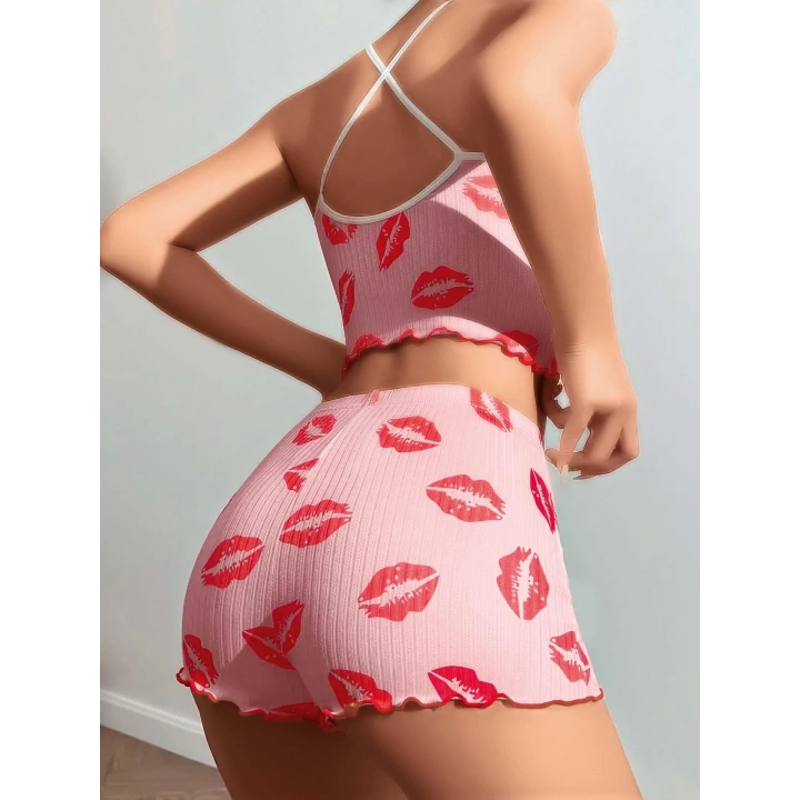 Bicomi Pamuklu Kiss Öpücük Desen Pembe Şortlu Pijama Takımı