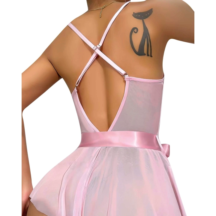 Bicomi Pembe Dantel İşlemeli Kurdelalı Fantezi Tül Babydoll