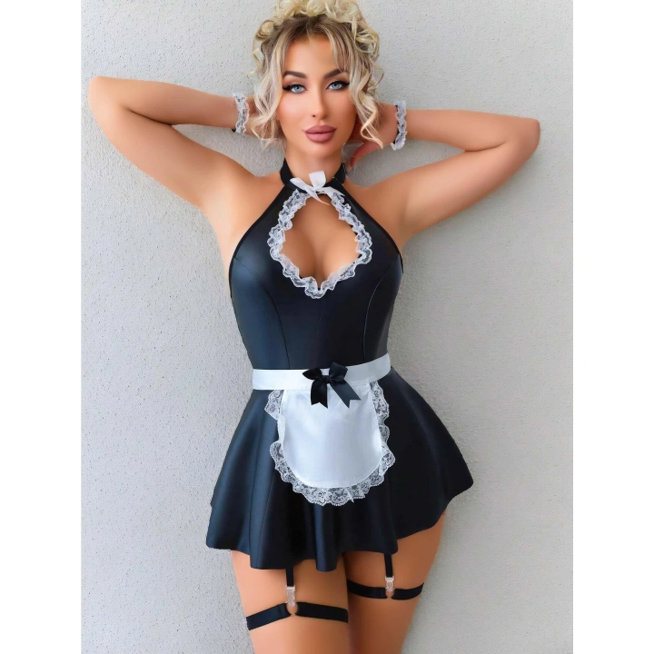 Bicomi Siyah Göğüs Dekolteli Boyundan Bağlamalı Mini Etekli Fantezi Deri Hizmetçi Kostümü