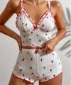 Bicomi Beyaz Üstüne Çilek Desenli Fitilli Askılı Şortlu Pijama Takımı