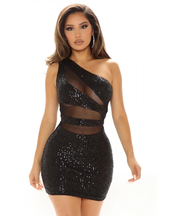 Bicomi Pullu Transparan Detaylı Omuz Dekolteli Mini Seksi Elbise