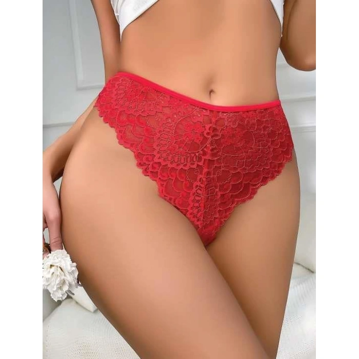 Bicomi Kırmızı Dantel İşlemeli Arkası Kalp Detaylı Fantezi String Tanga