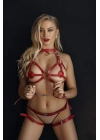 Bicomi Kırmızı Kelepçeli Deri Sütyen Külot Fantezi Harness