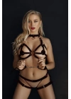 Bicomi Siyah Kelepçeli Deri Sütyen Külot Fantezi Harness