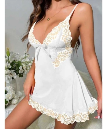 Bicomi Beyaz Dantel İşlemeli İnce Askılı Likralı Fantezi Tül Gecelik