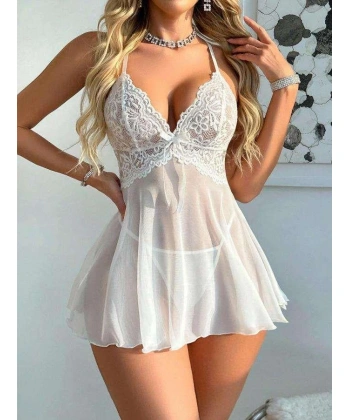 Bicomi Beyaz Dantel İşlemeli İnce Askılı Likralı Fantezi Tül Gecelik