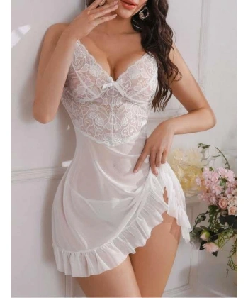 Bicomi Beyaz Fırfırlı Dantel İşlemeli İnce Askılı Likralı Fantezi Tül Gecelik