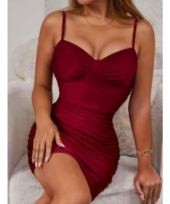 Bicomi Bordo Büzgülü Mini Club Elbisesi