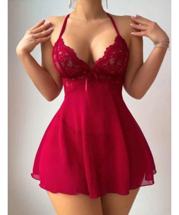 Bicomi Bordo Dantel İşlemeli Boyundan Bağlamalı Likralı Fantezi Tül Gecelik