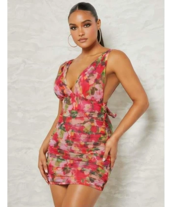 Bicomi Çiçek Desenli Büzgülü Arkadan Bağlamalı Fantezi Elbise