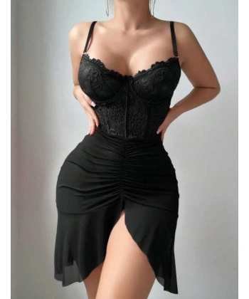 Bicomi Fırfırlı Dantel İşlemeli Tül Fantezi Siyah Gecelik