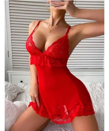 Bicomi Kırmızı Dantel İşlemeli İnce Askılı Likralı Fantezi Tül Gecelik