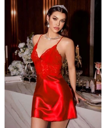 Bicomi Kırmızı Dantel İşlemeli İnce Askılı Sırt Dekolteli Saten Mini Gecelik