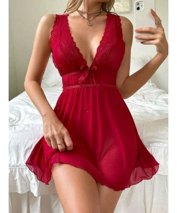 Bicomi Kırmızı Dantel İşlemeli Tül Fantezi Gecelik