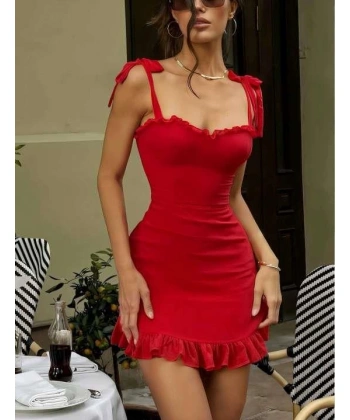 Bicomi Kırmızı Fırfırlı Fantezi Mini Club Elbisesi