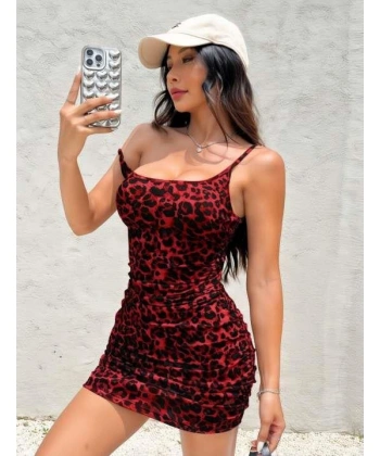 Bicomi Kırmızı Leopar Desenli Büzgülü Fantezi Elbise