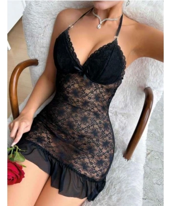 Bicomi Siyah Dantel İşlemeli Boyundan Bağlamalı Likralı Fantezi Tül Gecelik