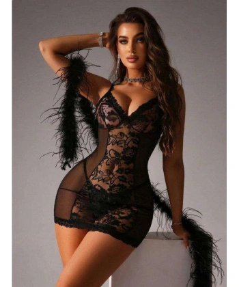 Bicomi Siyah Dantel İşlemeli İnce Askılı Likralı Fantezi Tül Gecelik