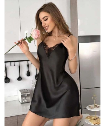Bicomi Siyah Dantel İşlemeli İnce Askılı Saten Mini Gecelik