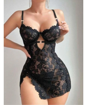 Bicomi Siyah Full Dantel İşlemeli İnce Askılı Yırtmaçlı Likralı Fantezi Gecelik