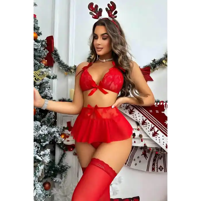 Kırmızı Fiyonklu Etekli Gecelik