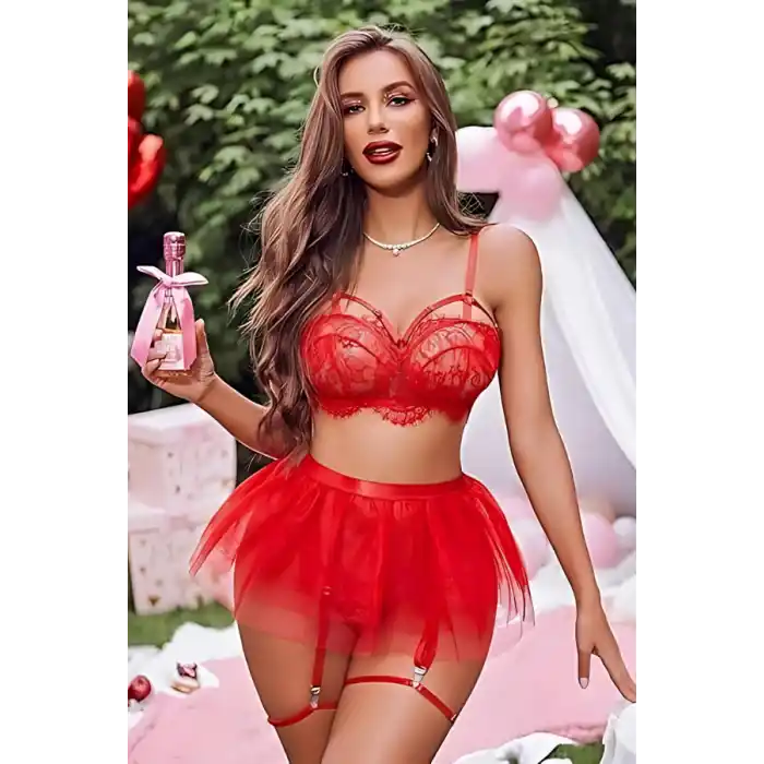 Kırmızı Jartiyer Askılı Gecelik