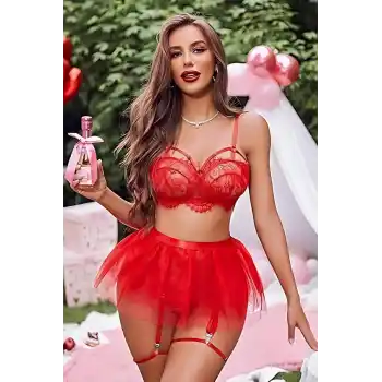 Kırmızı Jartiyer Askılı Gecelik