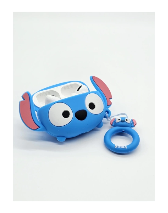 AirPods pro 1-2 nesil uyumlu mavi disney stitch figürlü 3D silikon kılıf ve anahtarlık