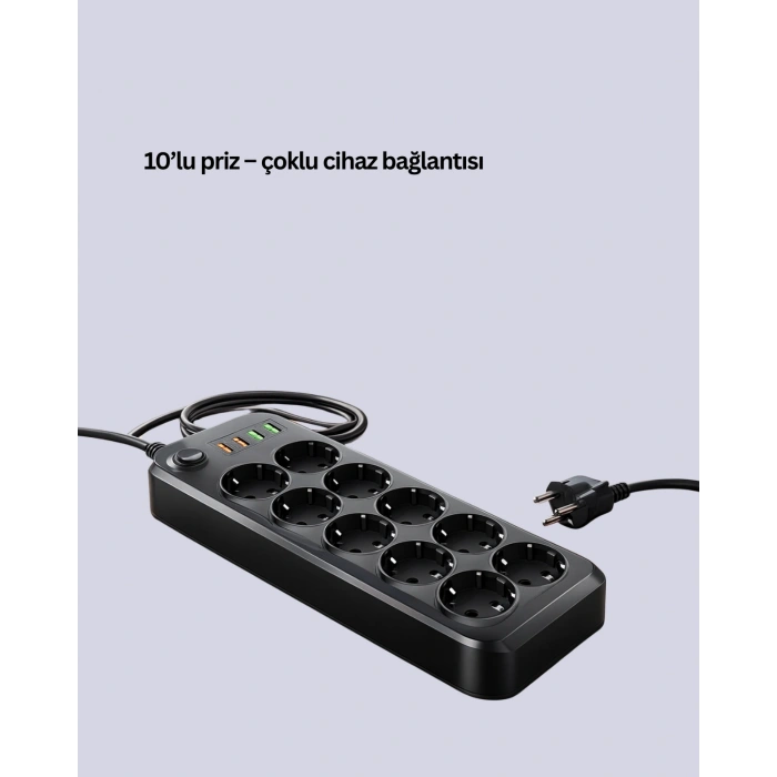 10’lu Çoklu Priz Termal Korumalı USB Type-C Çıkışlı 2500W Uzatma Kablosu