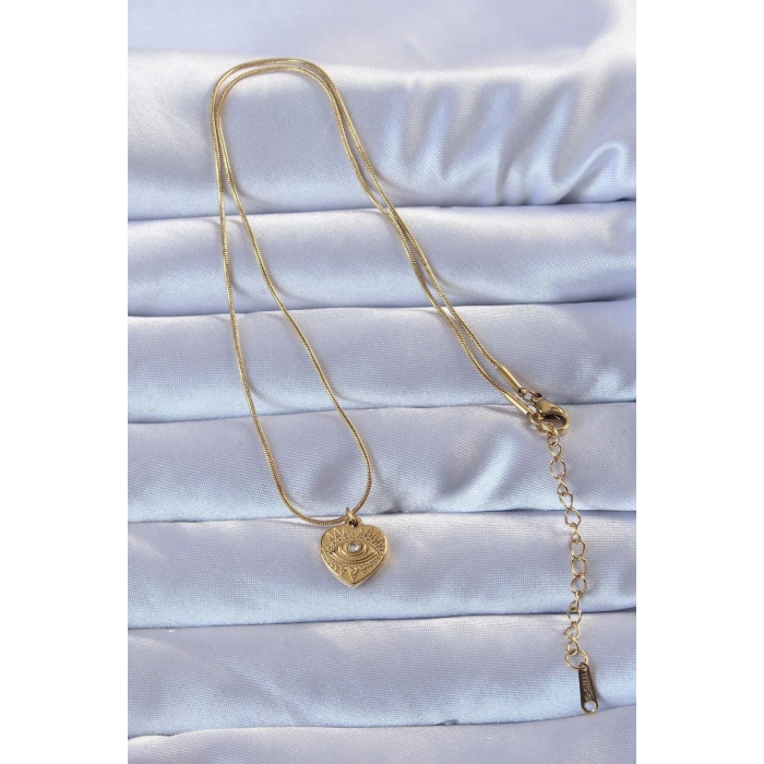316L Altın Renk Zirkon Taşlı İşlemeli Göz Detay Kalp Kolye