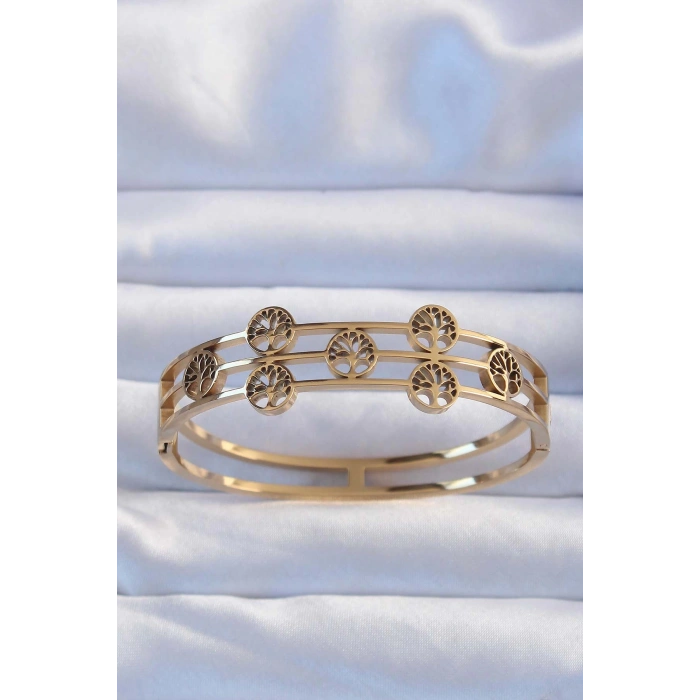 316L Çelik Altın Renk Minimal Yaşam Ağacı Tasarımlı Kelepçe