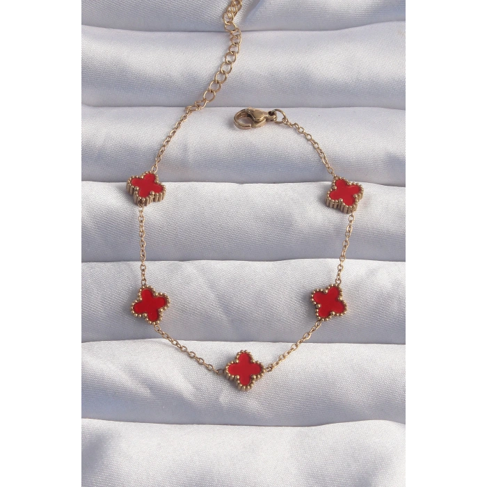 316L Çelik Baby Boy Gold Renk Kırmızı Mineli Yonca Bileklik