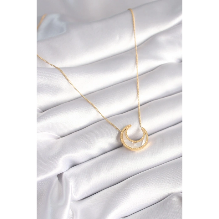 316L Çelik Gold Renk Beyaz Sedefli Hilal Model Kadın Kolye