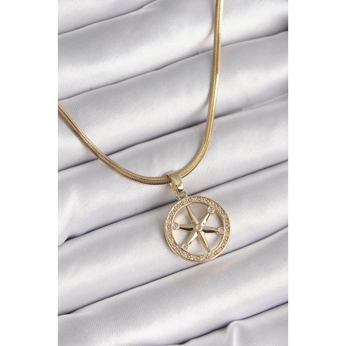 316L Çelik Gold Renk İtalyan Zincir Zirkon Taşlı Kutup Yıldız Model Kadın Kolye