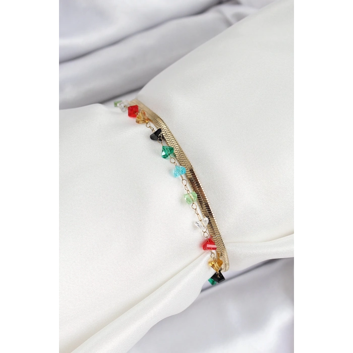 316L Çelik Gold Renk Kristal Karışık Renkli Taşlı 2li Kadın Bileklik