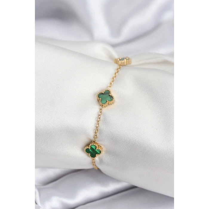 316L Çelik Gold Renk Yeşil Baby Boy Yonca Kadın Bileklik