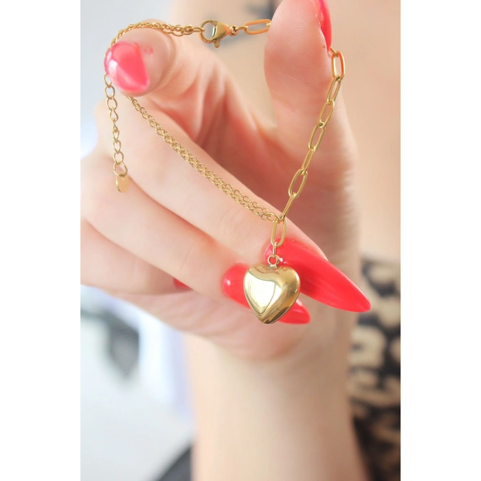 316L Çelik Gold Renk Zincir Model Kalp Figür Kadın Bileklik